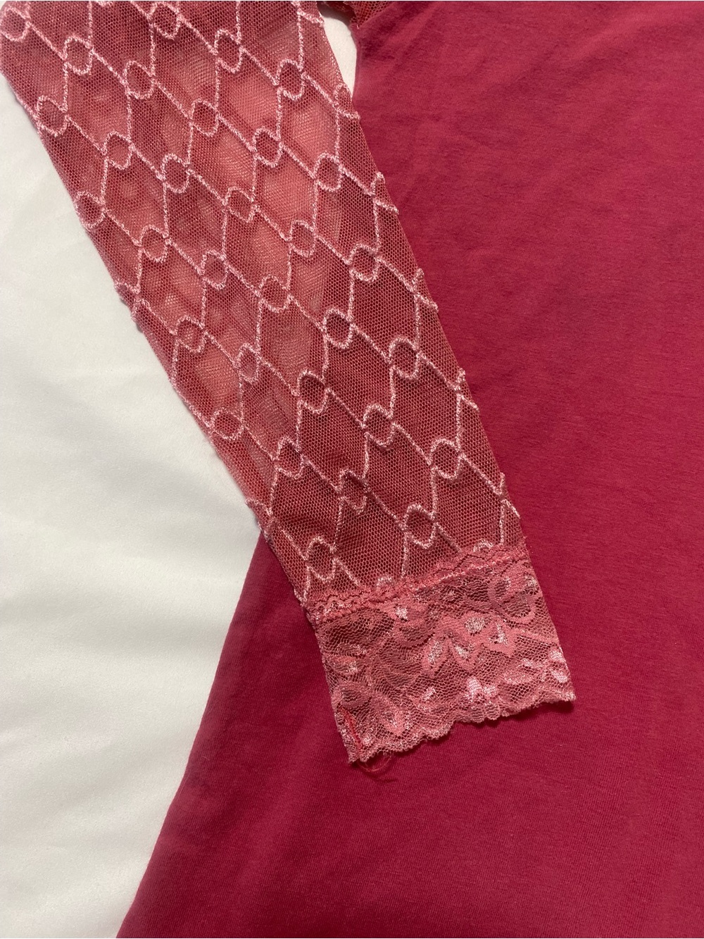 Women's pink Lace Yoke Long Sleeve Tee - Picture 2 of 5
